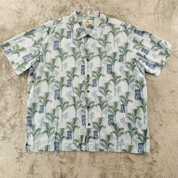 Vintage Solitude Hawaiian‎ Tiki Shirt Mens XXL Blue Green Short Sleeve Button Up - Picture 1 of 7